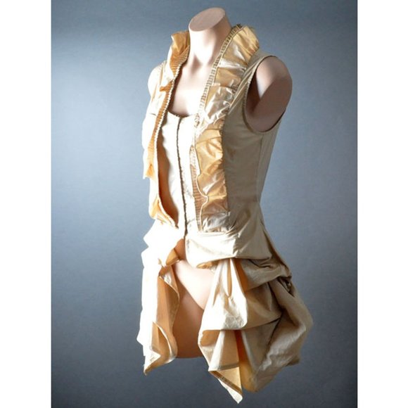 Khaki Beige Steampunk Gothic Tailcoat Evening Ruffle Top Womens Sleeveless Shirt - Picture 3 of 10